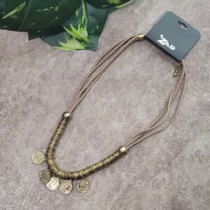 ZAD brown leather & gold toned coin necklace NEW